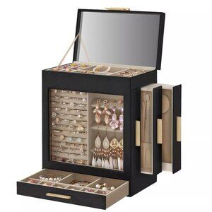 5-Layer Jewelry Box with Large Mirror, Modern Jewelry Organizer with 3 Side Draw